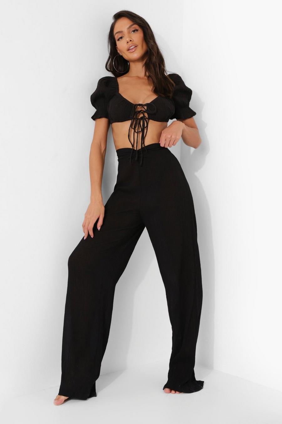 Black Twist Knot Cotton Beach Trousers image number 1