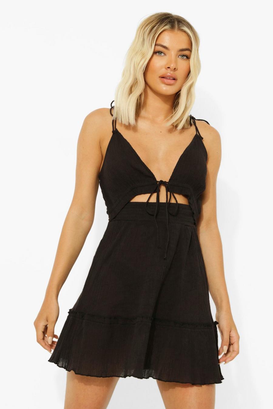 Black Tie Shoulder Cheesecloth Beach Dress image number 1