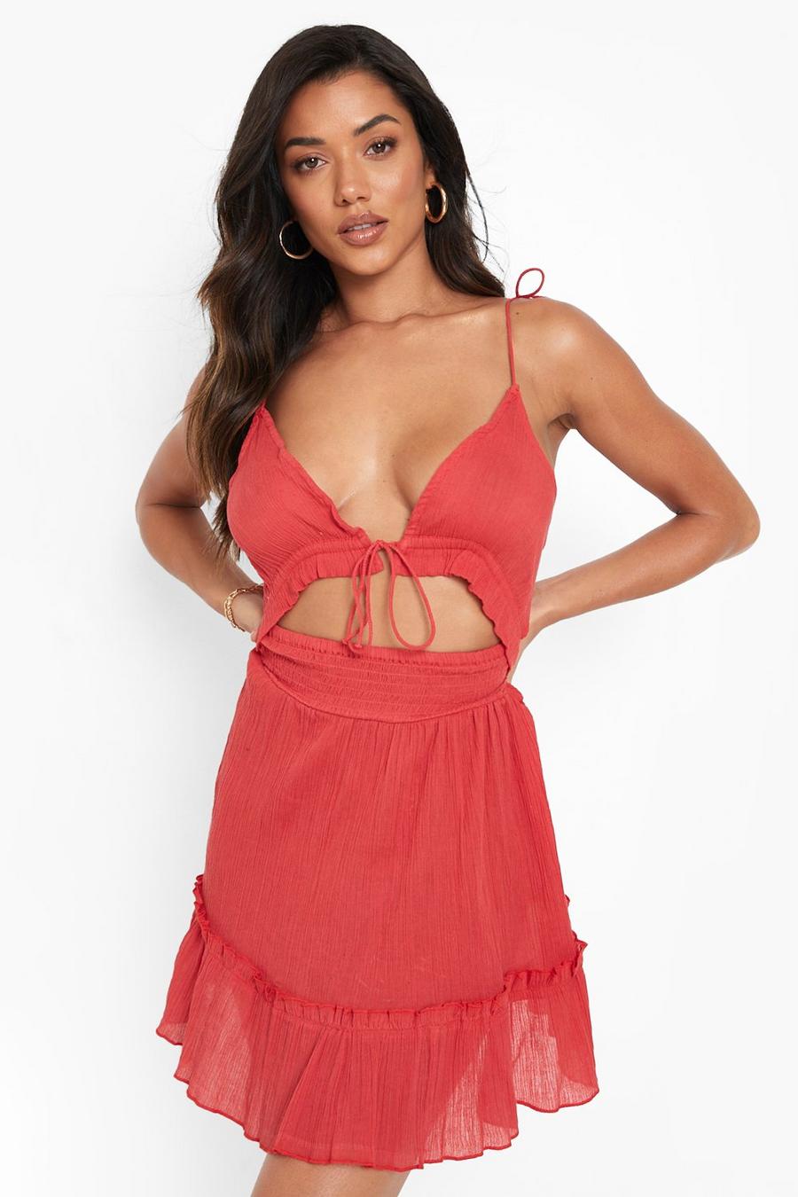 Red Tie Shoulder Cheesecloth Beach Dress image number 1