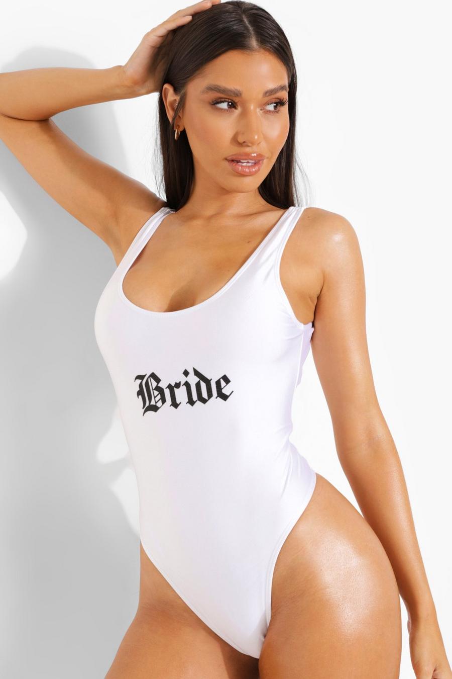 White Bride Scoop Neck Slogan Swimsuit image number 1