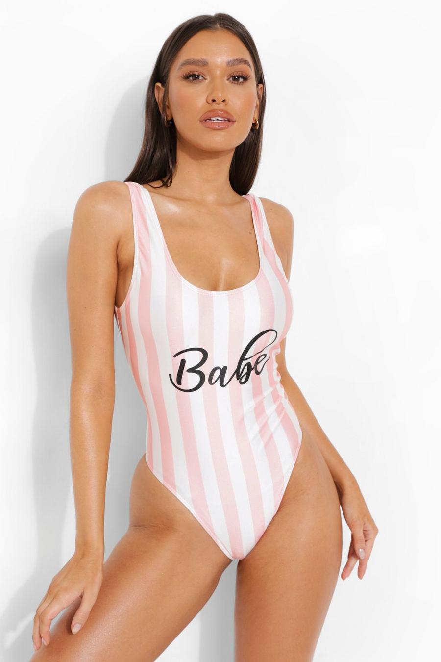 Pink Hen Slogan Scoop Neck Stripe Swimsuit image number 1