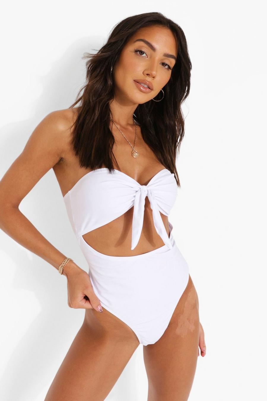White Bandeau Knot Tie Swimsuit image number 1