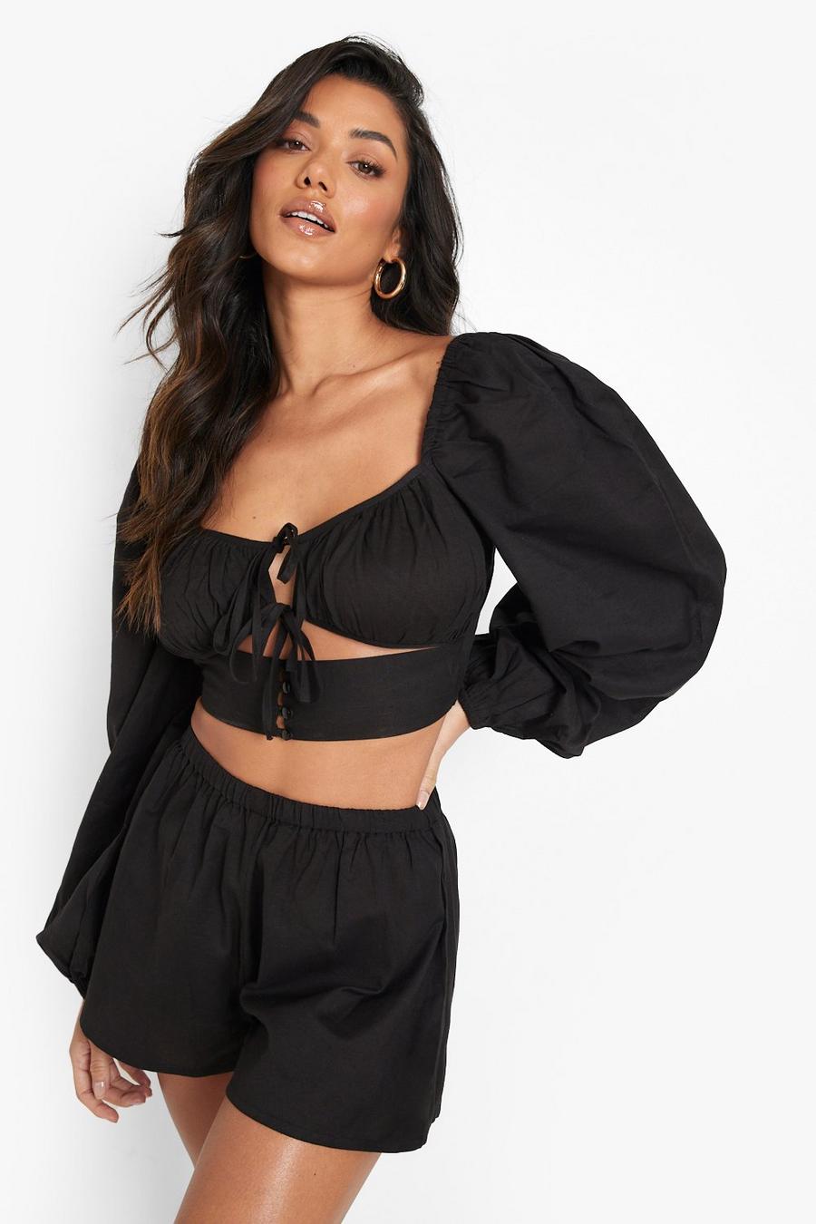 Black Balloon Sleeve Ruched Beach Top image number 1