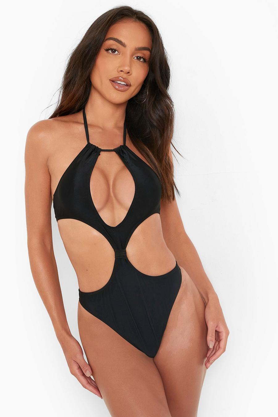 Black High Neck Cut Out Knot Swimsuit image number 1