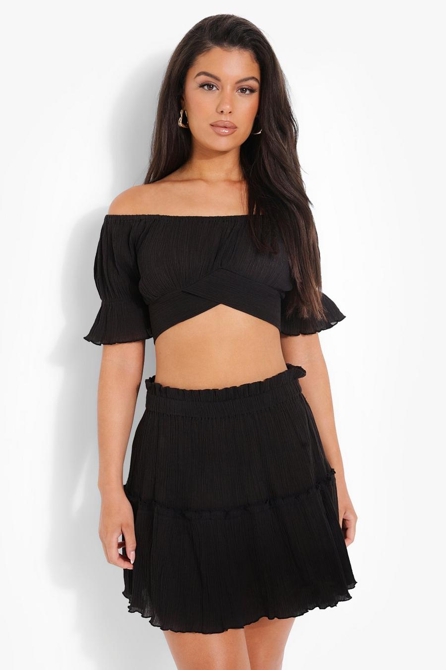 Black Frill Off The Shoulder Top Skater Skirt Beach Two-Piece image number 1