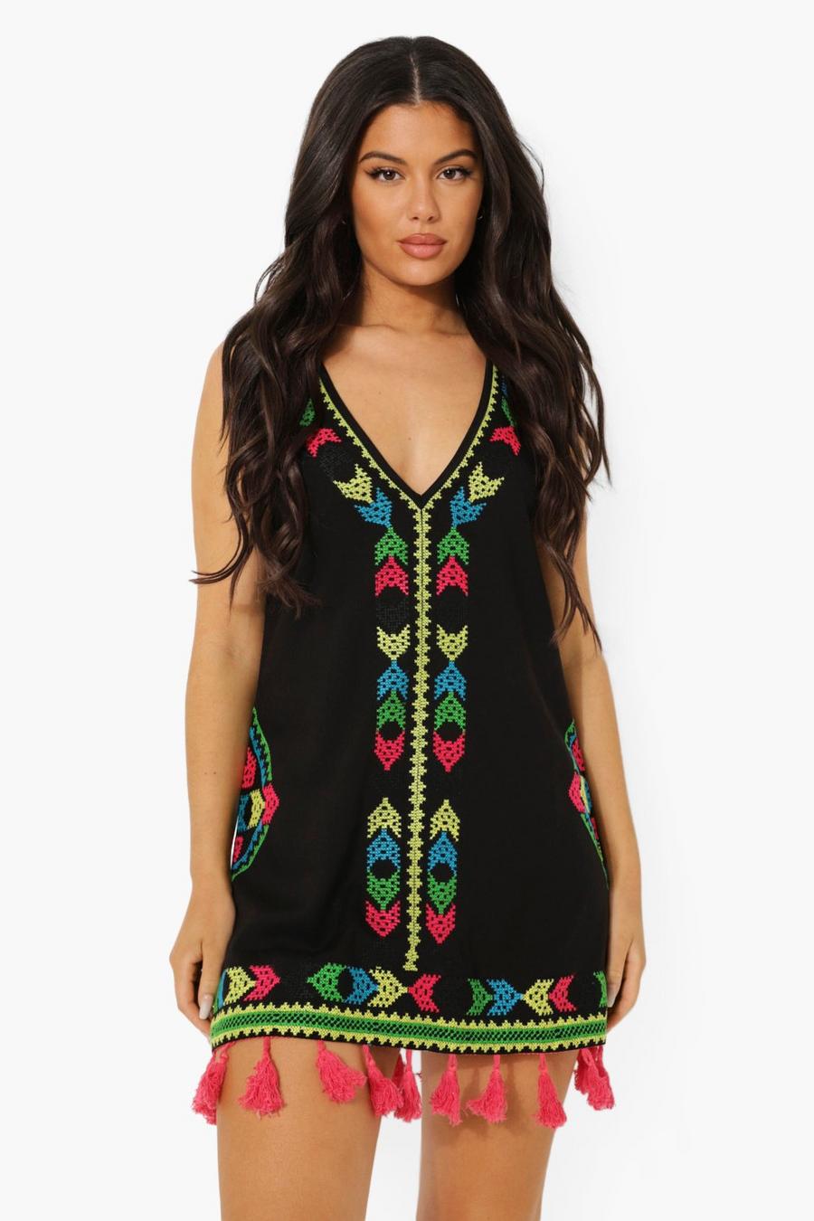 Black Neon Embroidered Tassel Beach Dress image number 1