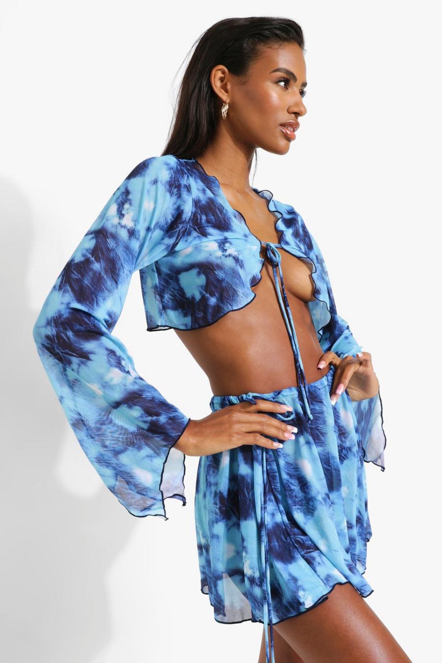 Blue Marble Print Mesh Flared Sleeve Skirt Co-ord image number 1