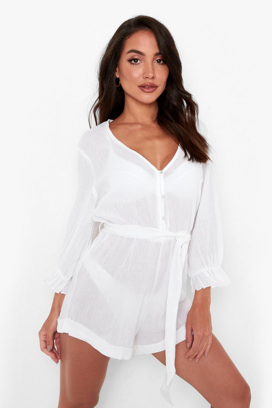 Ecru Button Through Tie Cheesecloth Playsuit image number 1