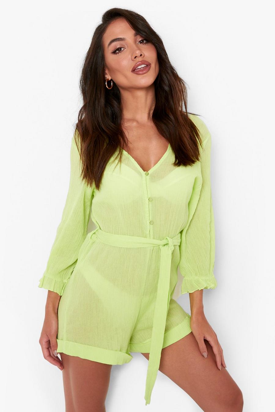 Summer green Button Through Tie Cheesecloth Romper image number 1