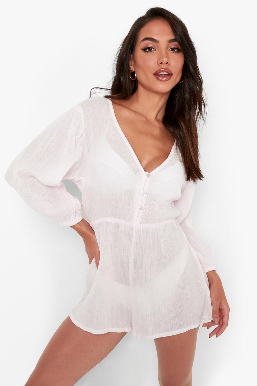 Baby pink Puff Sleeve Cheesecloth Playsuit image number 1