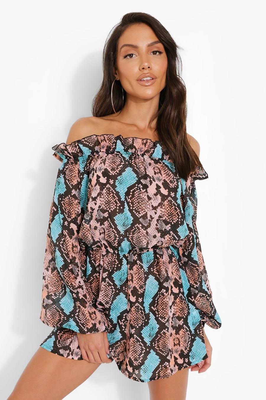 Stone Snake Print Frill Off The Shoulder Beach Romper image number 1