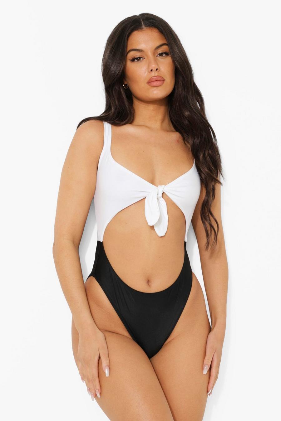 Black Mono Tie Front Cut Out Swimsuit image number 1