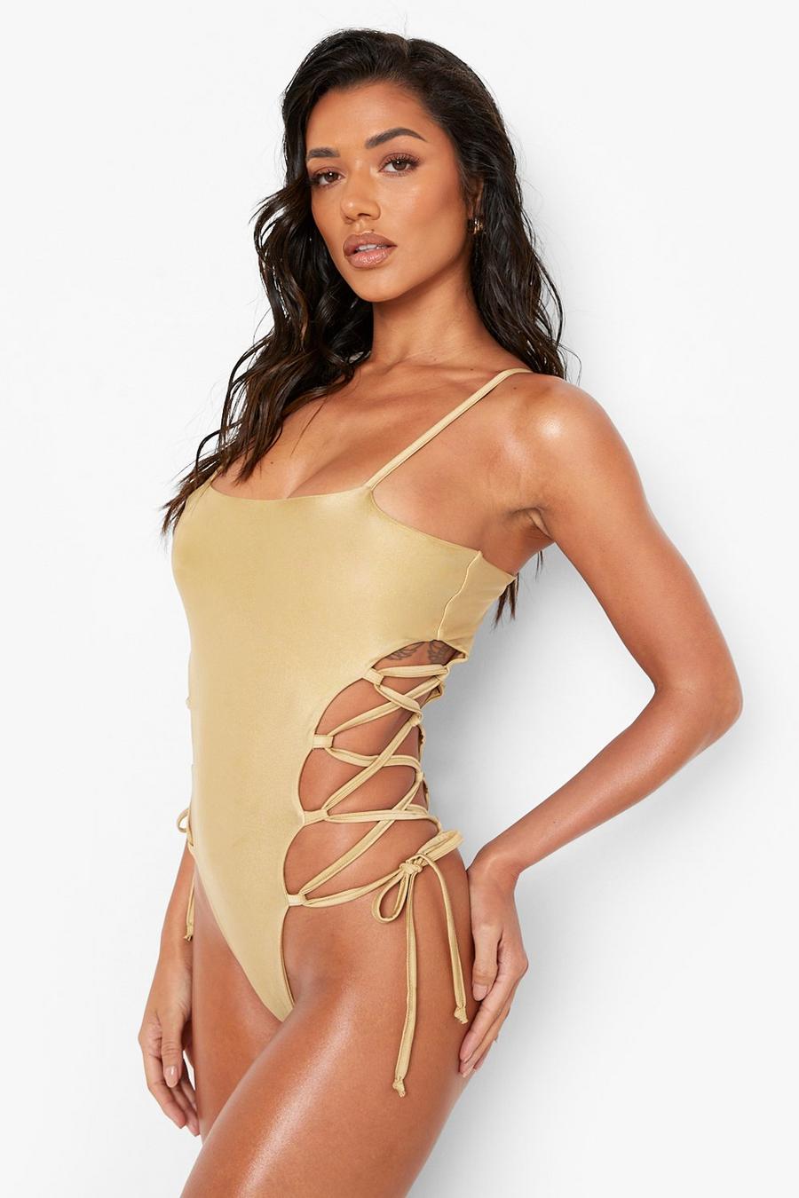 Gold Lace Up Cut Out Swimsuit image number 1