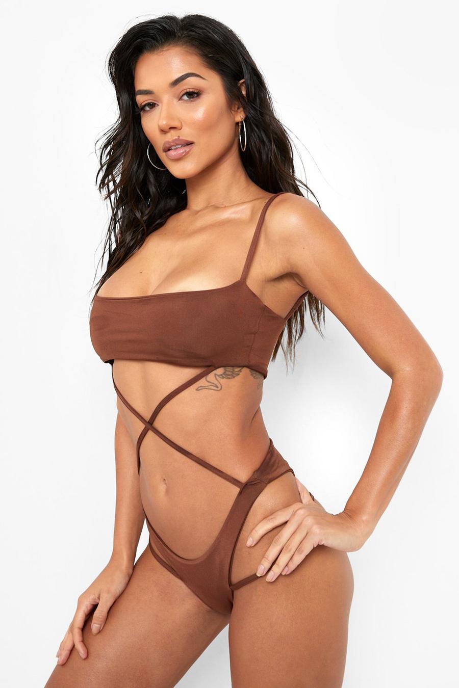 Chocolate Square Neck Cut Out Swimsuit image number 1