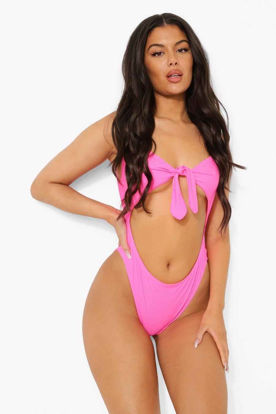 Neon-pink Tie Front Cut Out Swimsuit image number 1