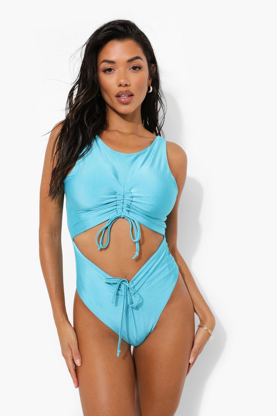Turquoise Cut Out Ruche Tie Detail Swimsuit image number 1