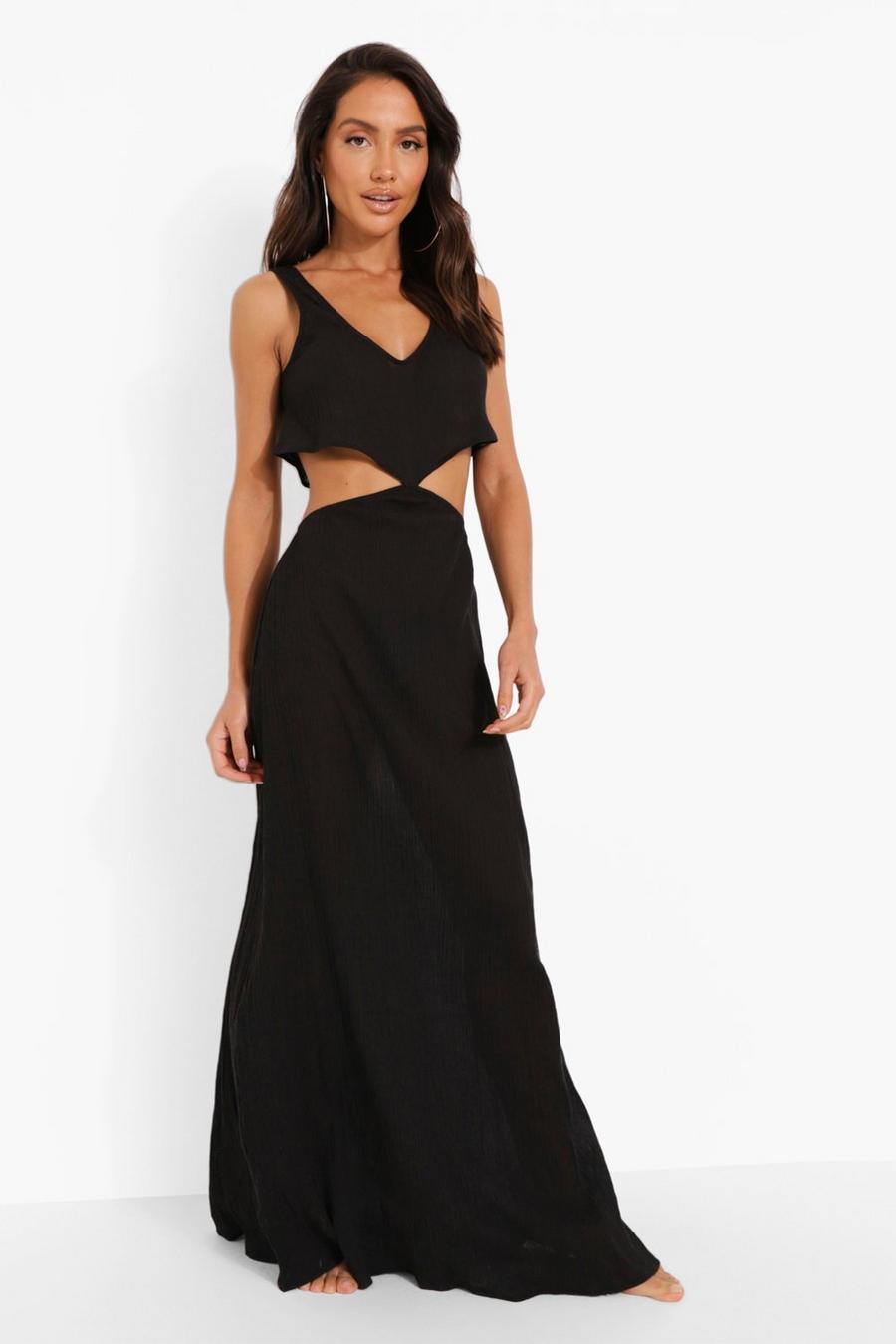 Black Cheesecloth Frill Cut Out Beach Maxi Dress image number 1