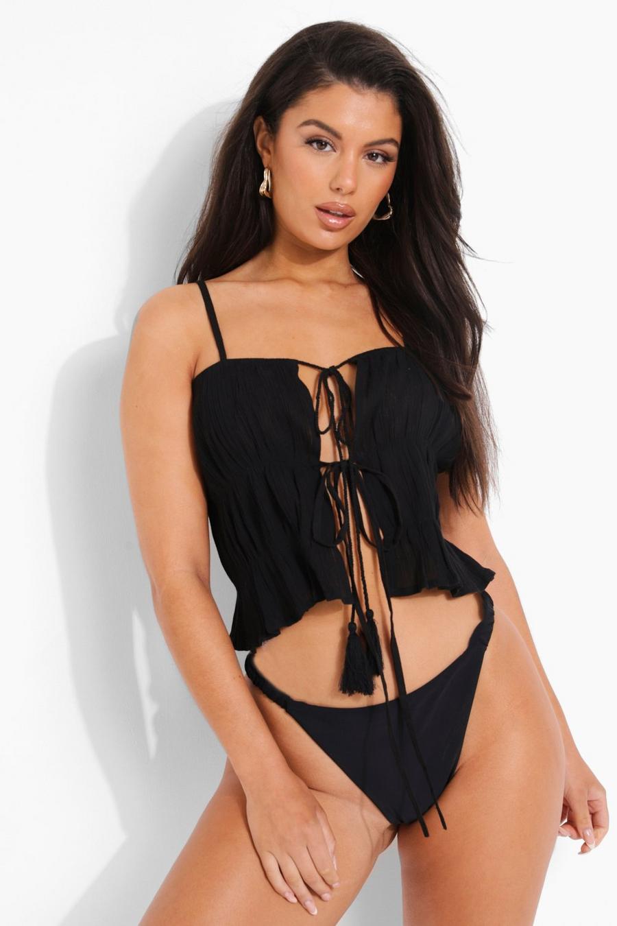 Black Cheesecloth Tie Front Cami Beach Top image number 1