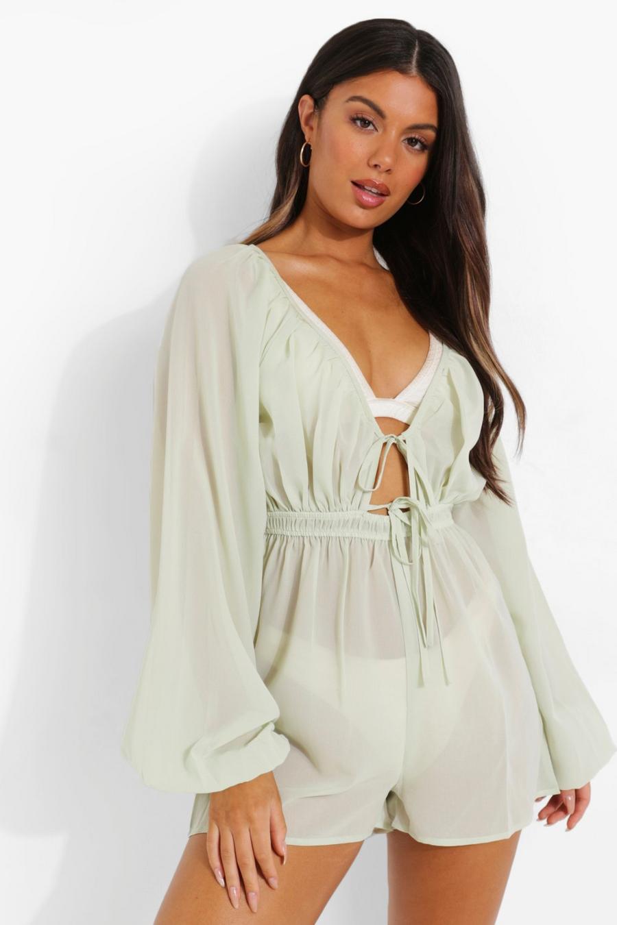 Sage Corset Style Puff Sleeve Woven Playsuit image number 1