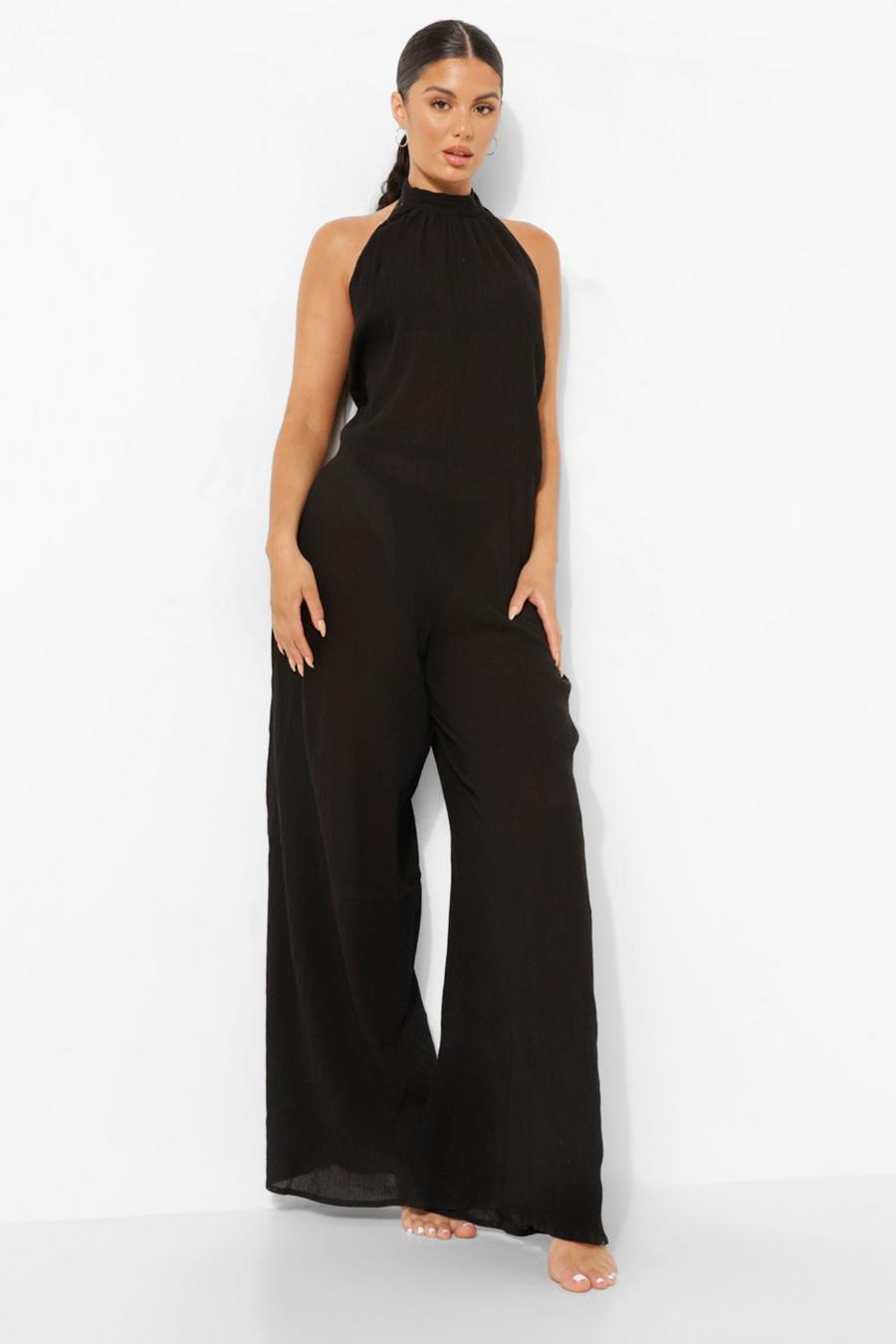 Black Cheesecloth Halter Neck Beach Jumpsuit image number 1
