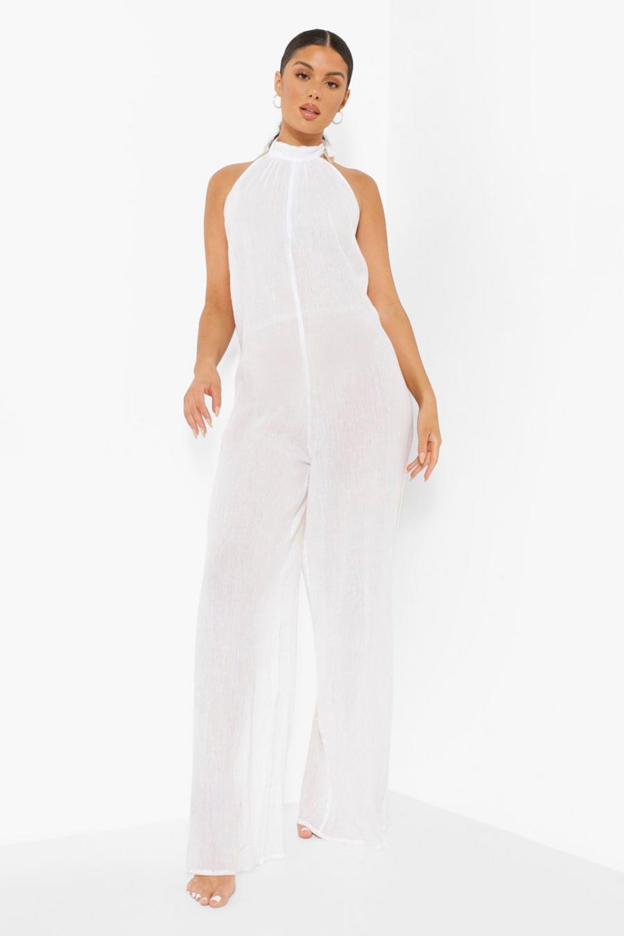 White Cheesecloth Halter Neck Beach Jumpsuit image number 1