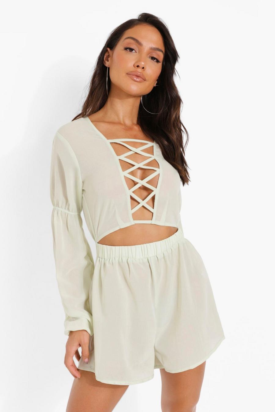 Sage grön Lace Up Puff Sleeve Woven Playsuit