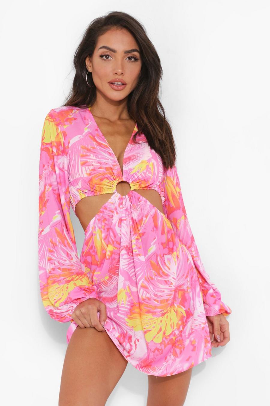 Vestito da mare in fantasia tropicale, Pink image number 1