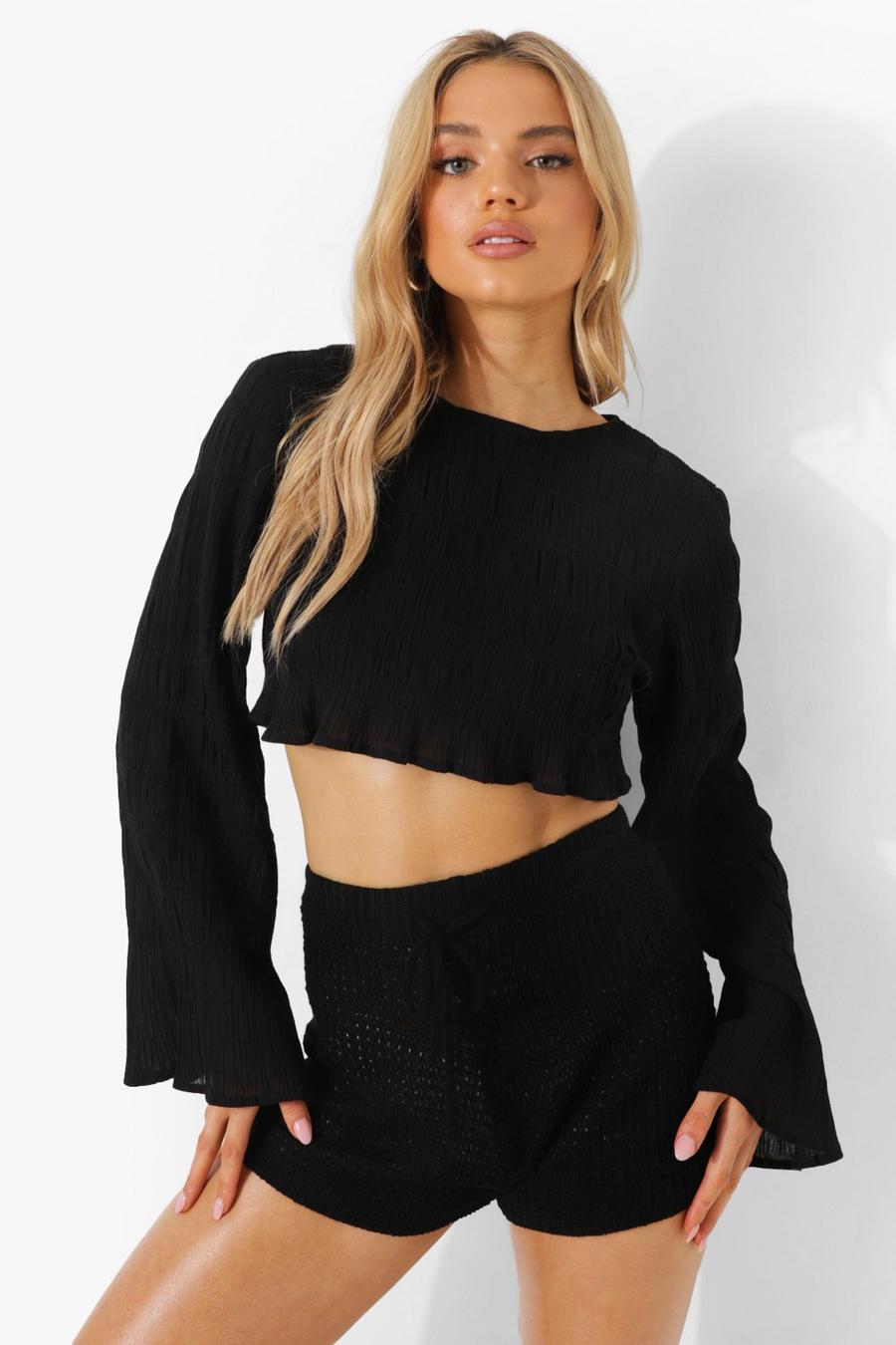 Black Shirred Cheesecloth Wide Sleeve Beach Top image number 1