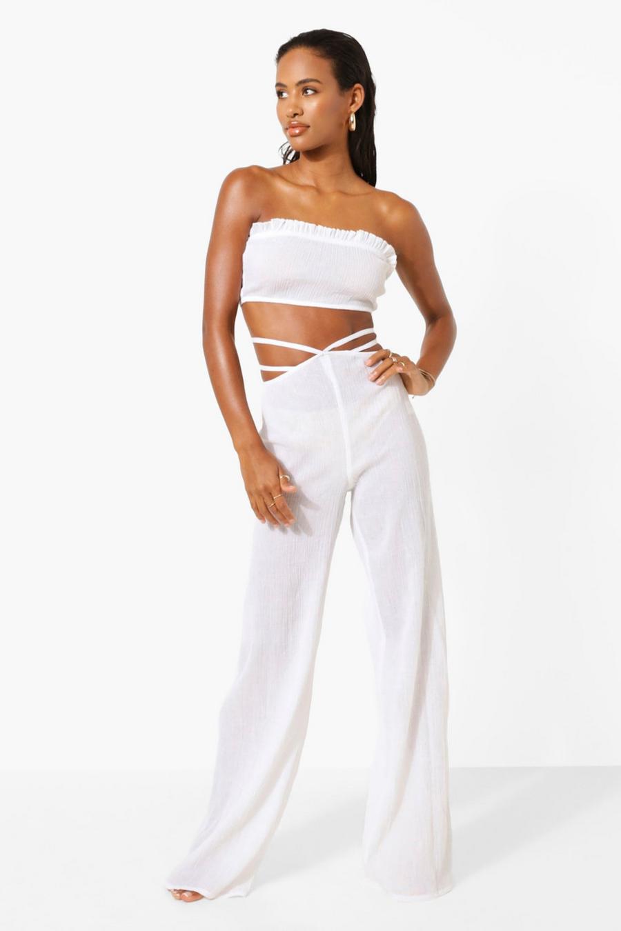 White Cheesecloth V Strappy Waistband Beach Pants image number 1
