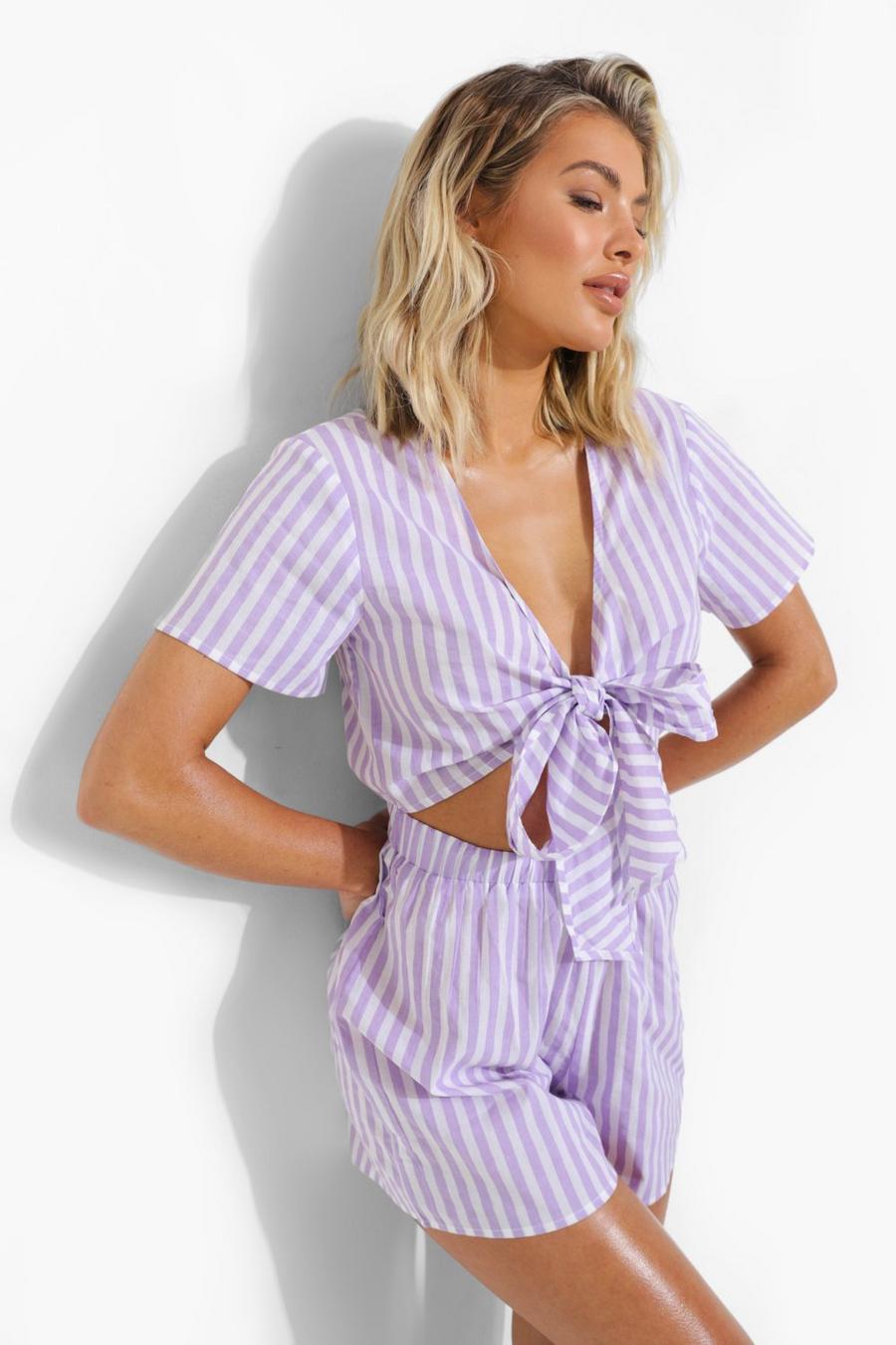 Lilac Tie Front Stripe Playsuit image number 1