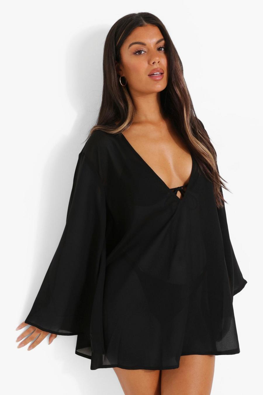 Black Oversized Flared Sleeve Beach Dress image number 1