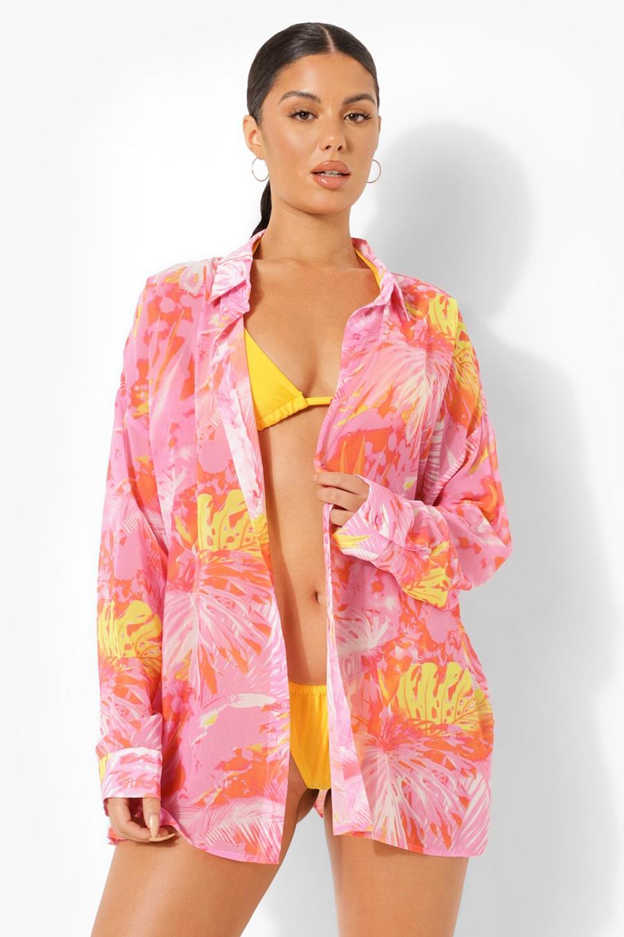 Camisa de playa con estampado tropical, Pink image number 1