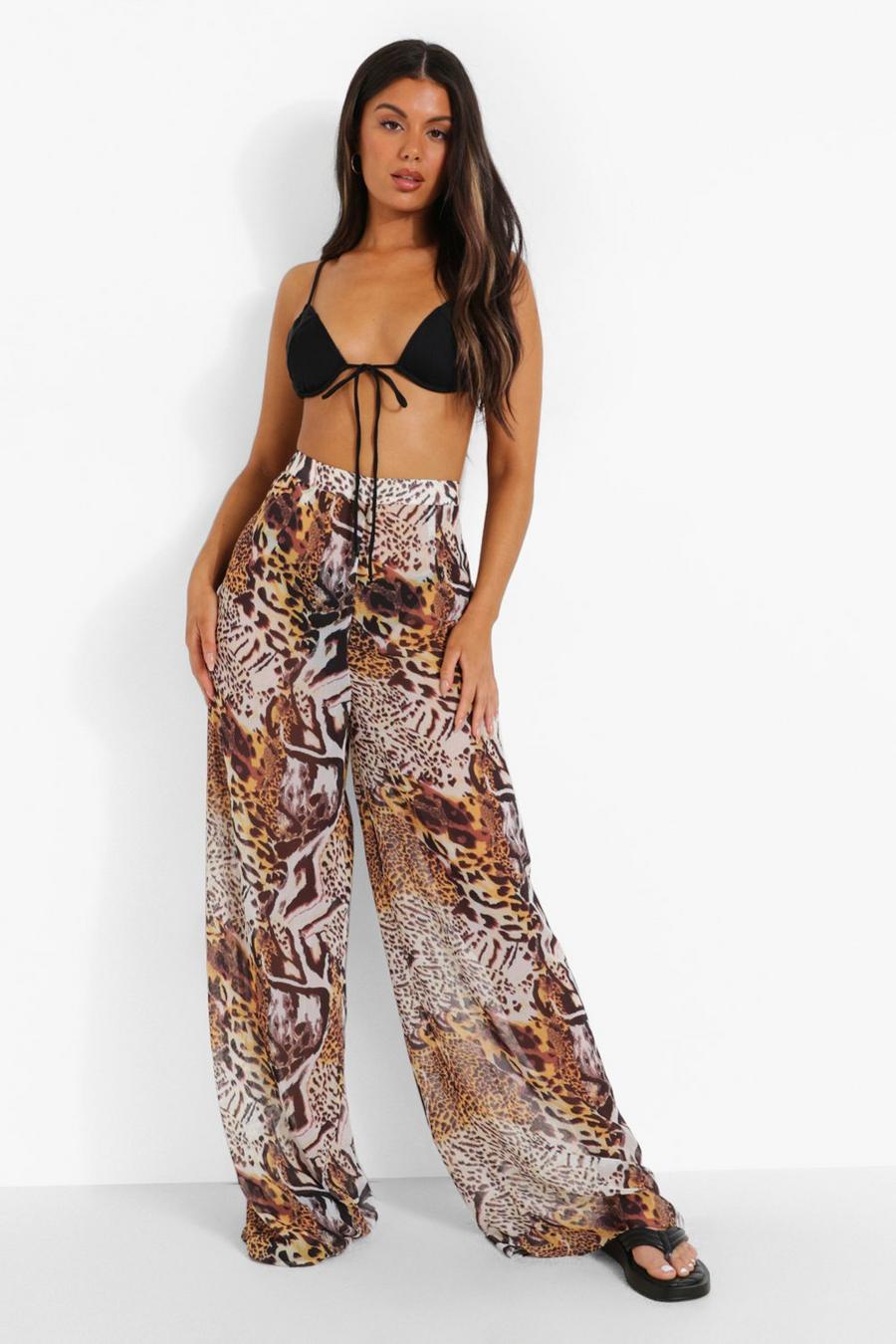 Brown brun Mixed Animal Beach Trousers image number 1