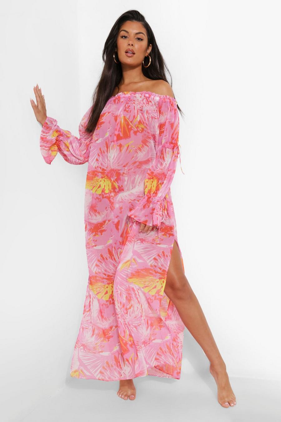 Pink Off The Shoulder Tropical Beach Dress image number 1