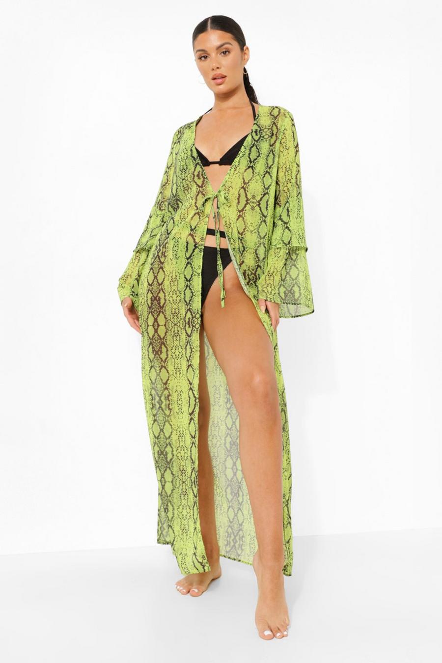 Kimono de plage imprimé serpent, Neon-green image number 1