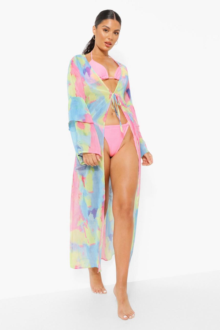 Baby pink Tie Dye Tropical Beach Kimono image number 1