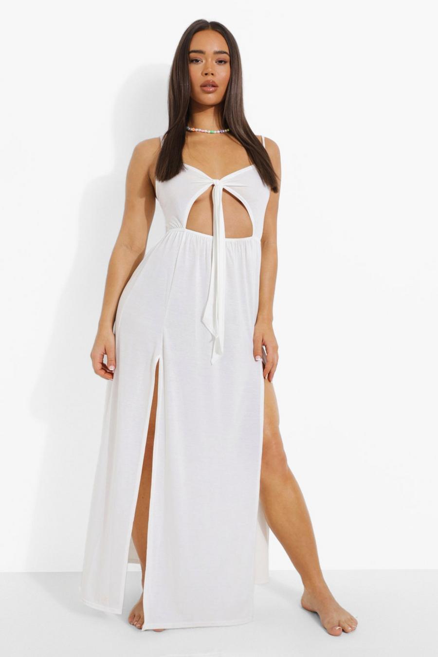 White Jersey Knit Tie Front Cut Out Beach Maxi Dress image number 1
