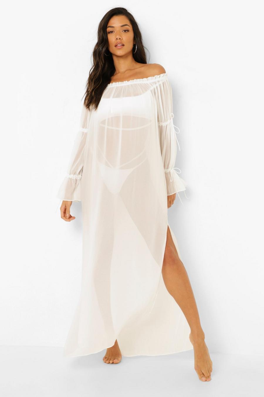 White Premium Off The Shoulder Beach Maxi Dress image number 1