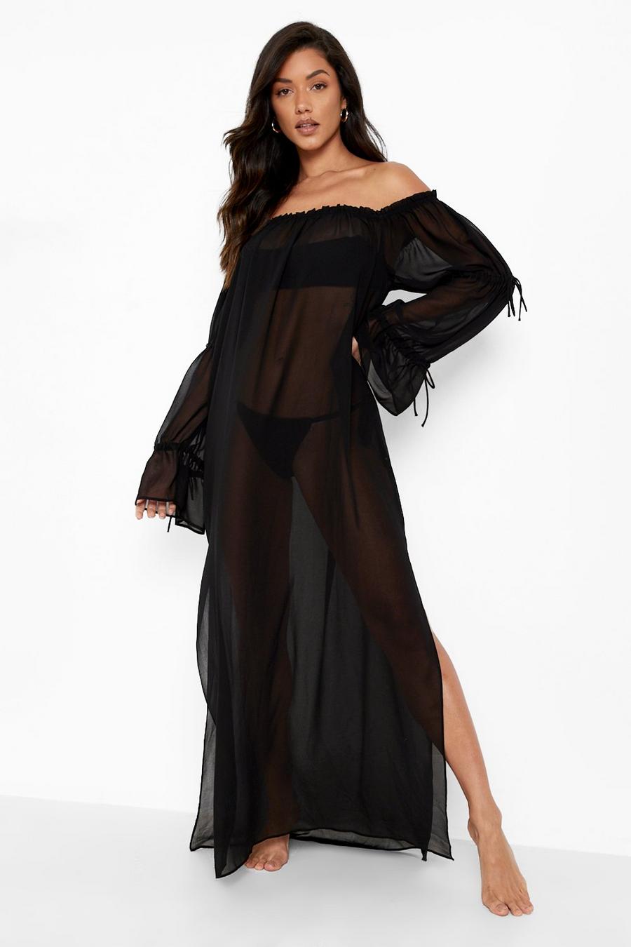 Black schwarz Premium Bardot Beach Maxi Dress