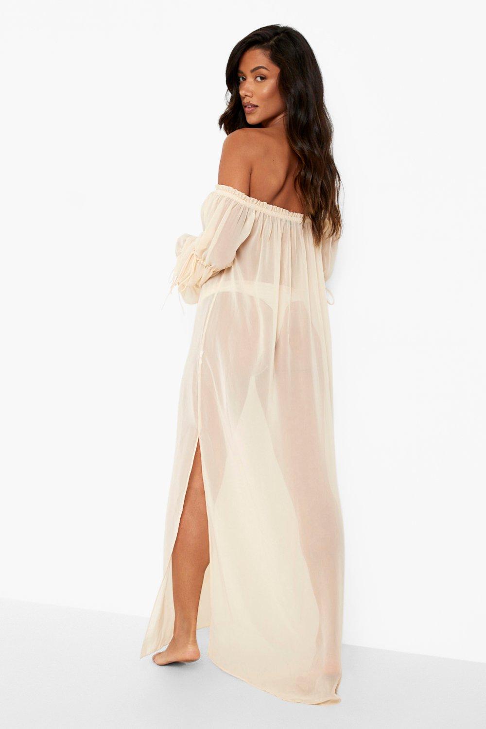 Pearl Mesh Long Sleeve Maxi Cover Up Dress