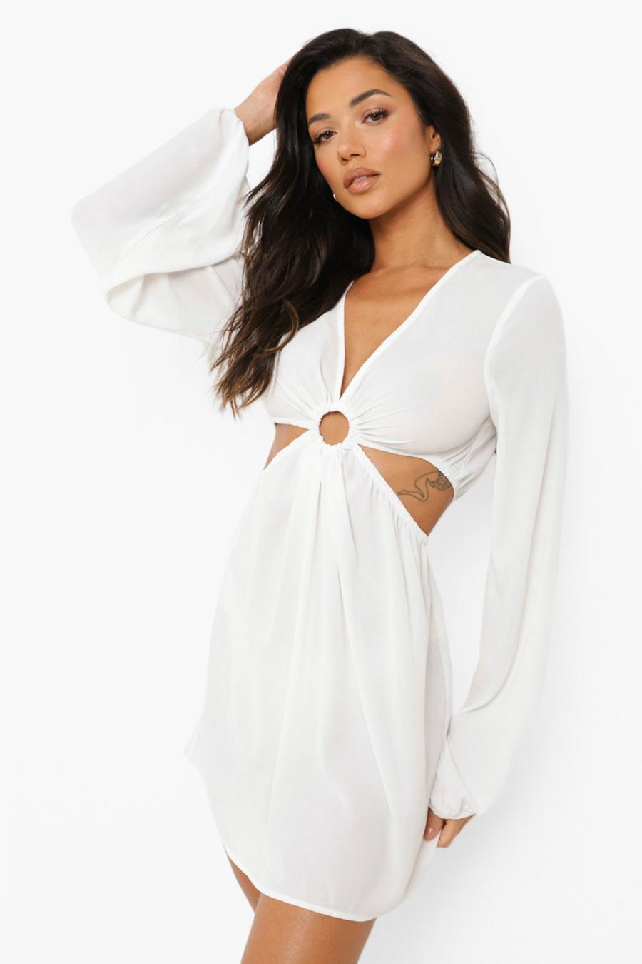 White Chiffon O-ring Detail Cut Out Beach Dress image number 1