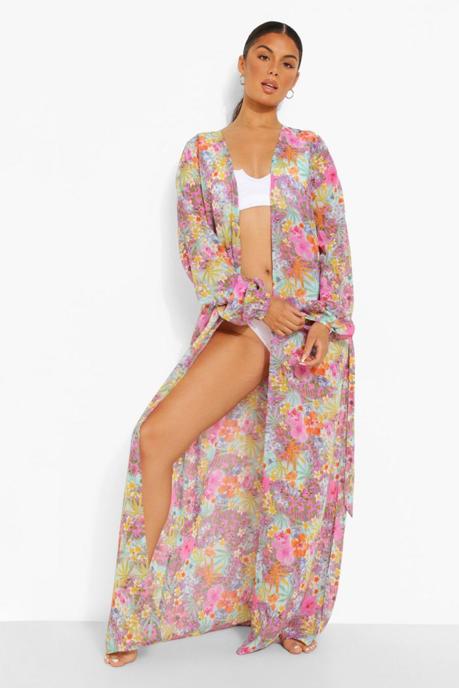 Purple Tropical Maxi Chiffon Beach Kimono image number 1