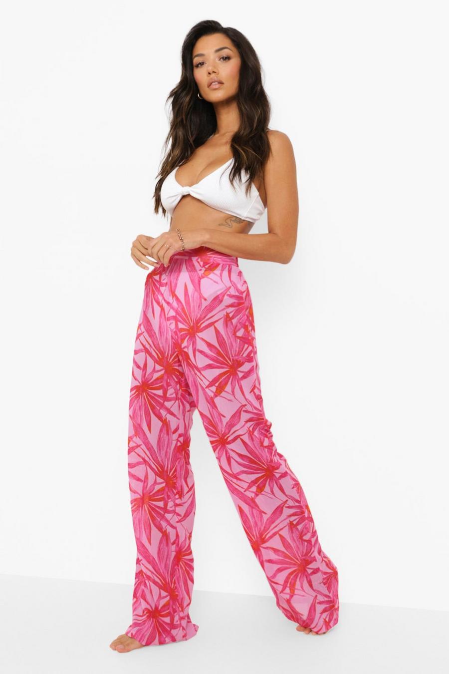 Pantaloni da mare in chiffon con stampa di palme rosa, Pink image number 1