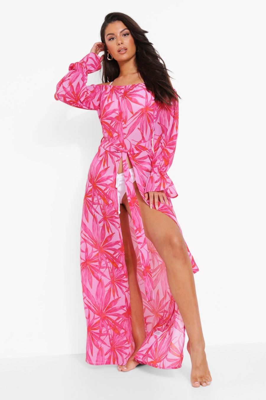Vestito da mare in chiffon con scollo Bardot e stampa di palme rosa, Pink image number 1