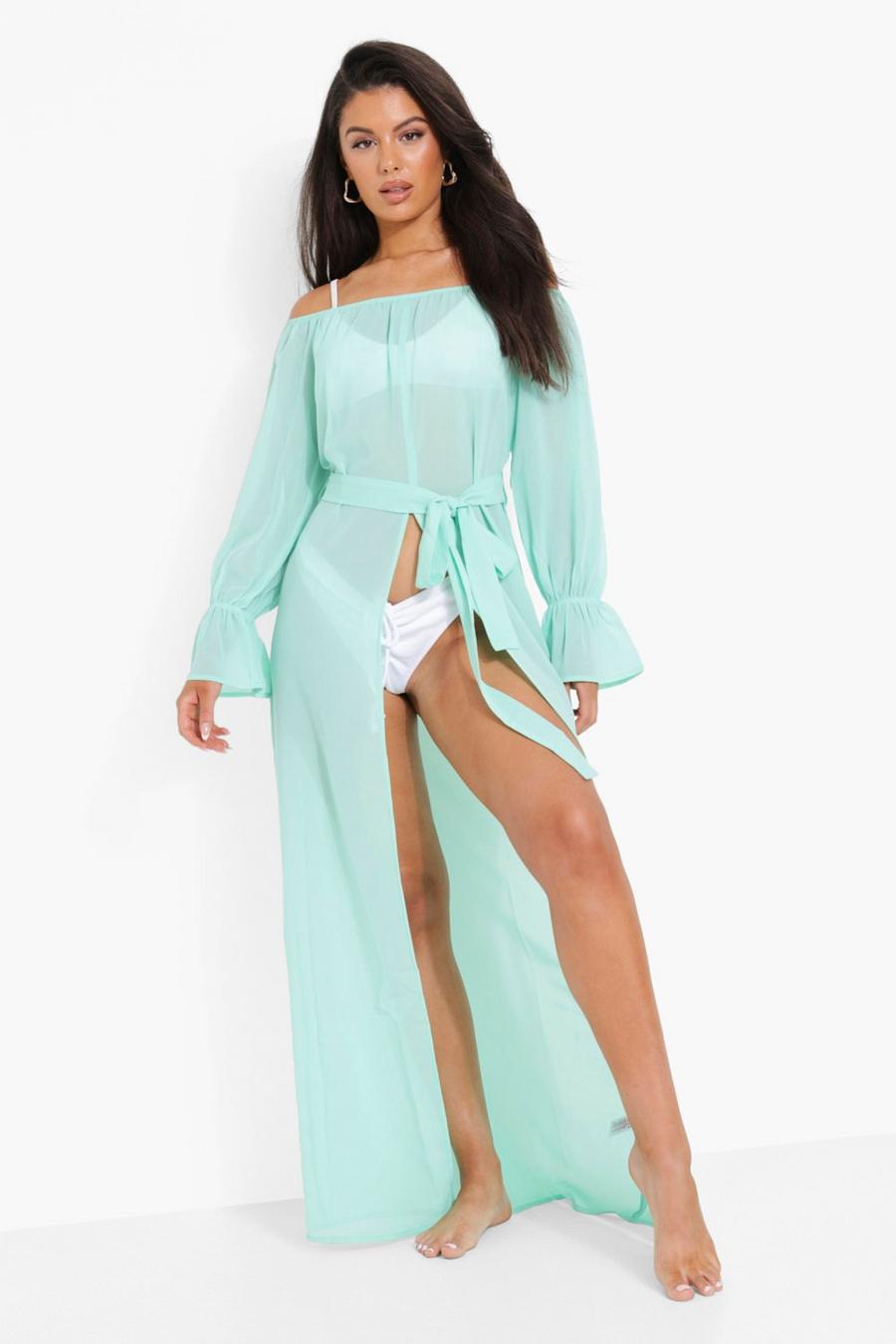 Mint Chiffon Off The Shoulder Beach Dress image number 1