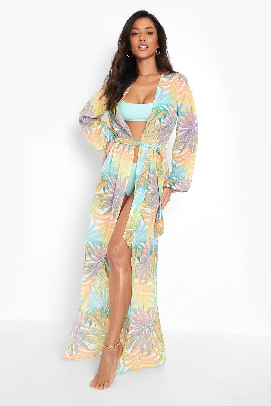 Mint Palm Maxi Chiffon Beach Kimono image number 1