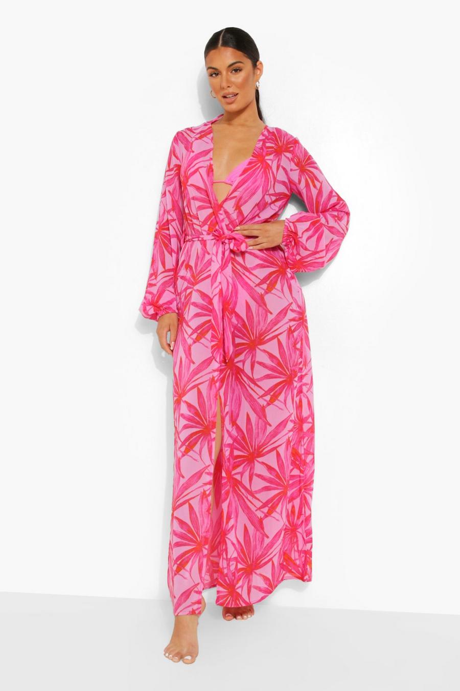 Kimono de plage à décolleté  plongeant motif palmier rose, Pink rose image number 1