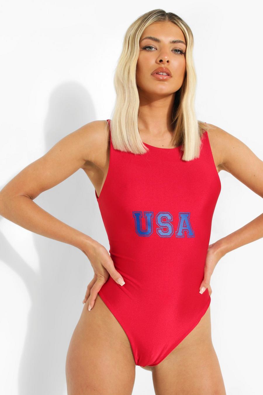 Red Usa Slogan Scoop Swimsuit image number 1