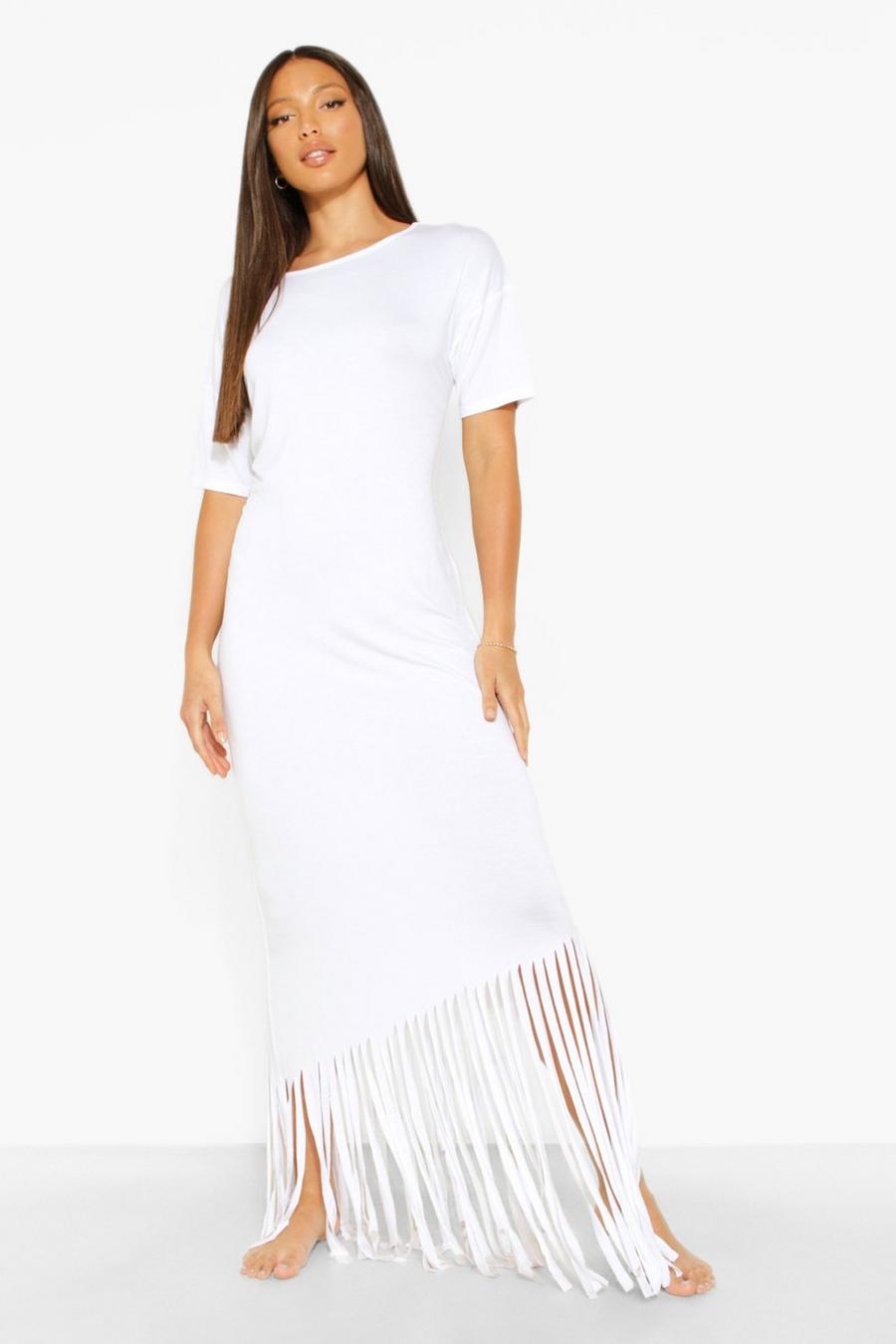 לבן שמלת חוף מקסי עם פרנזים לנשים גבוהות image number 1