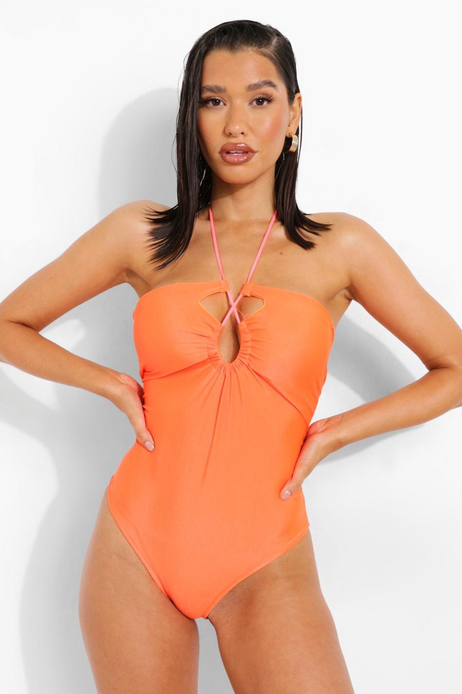 Neon-orange Halter Neck Strappy Swimsuit image number 1